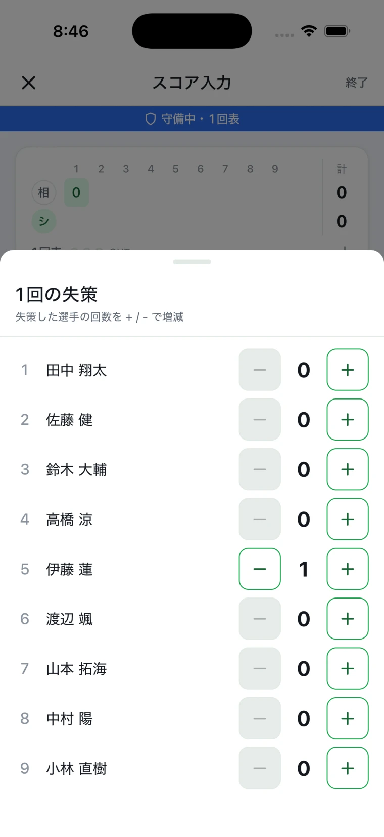 失策シート。守っている選手が打順順に並び、選手ごとに件数を + / − で増減できる